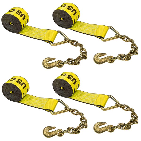 US Cargo Control 4 Inch Winch Strap with Chain Extension Fitting, 30 Feet Long, Heavy Duty Trailer Winch Strap for Safe Cargo Securement, 18 Inch Chain Extension with Grab Hook, Yellow, 4-Pack