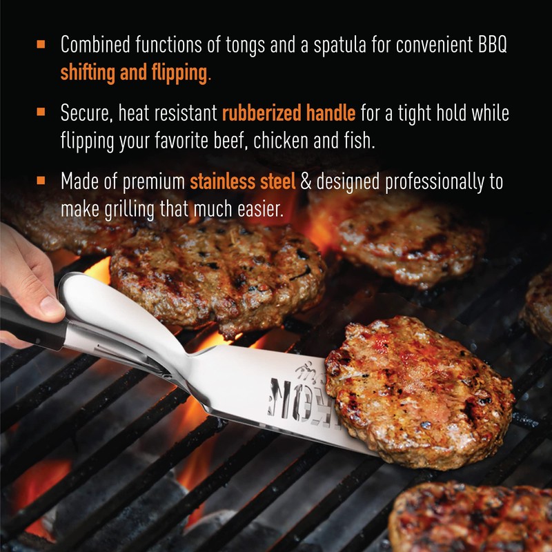 Yukon Glory™ Premium Stainless-Steel, Rubber-Grip Tongs-Spatula, Perfect for Grilling, Cooking,