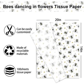 FYSUIMU 100 Sheet Bee Tissue Paper Honey Bee Daisy Wrapping Paper Spring Summer Art Tissue for Birthday Wedding DIY Crafts, 14 x 20 Inch