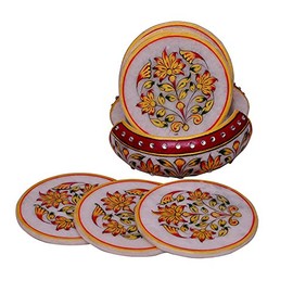 Purpledip Indian gift item: Handpainted Marble Coasters, Set of 6 in a marble holder (10569)