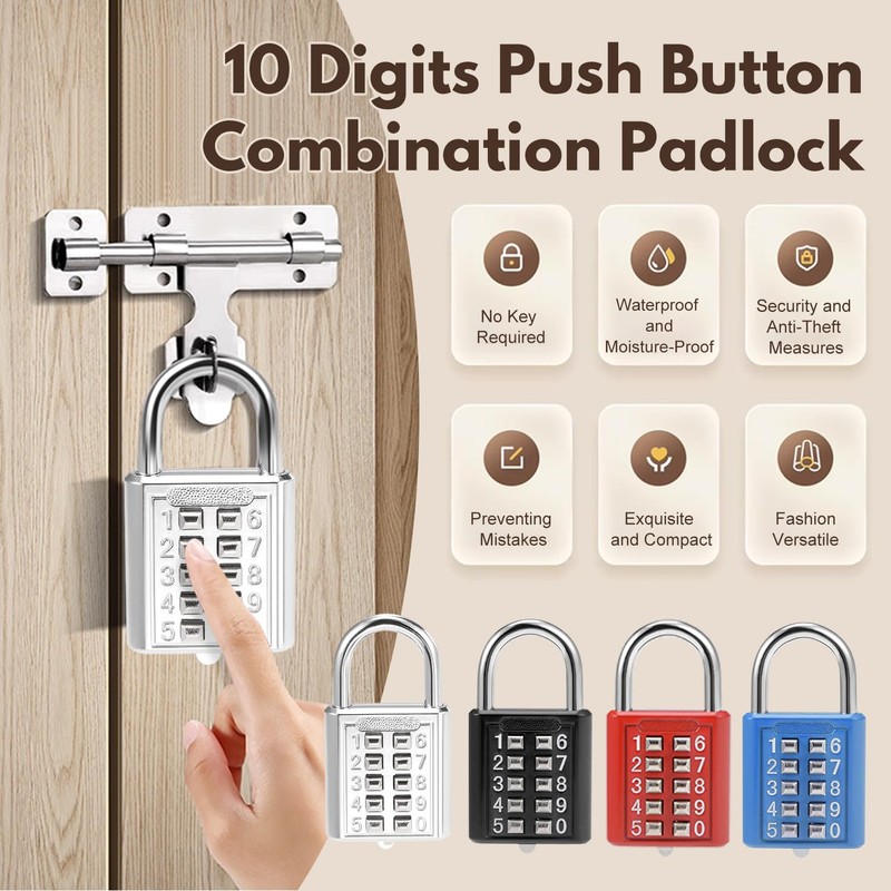 MroMax 1Pcs 10-Digit Combination Padlock Push Button Lock for Locker