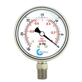 CARBO Instruments - Medidor de presión de acero inoxidable de doble visualización (-30 Hg/0 psi/kPa) -2 glicerina de 1-2 pulgadas llenado de líquido de agua, aire y gas con lente de policarbonato y conexión de latón, montaje inferior NPT de 1/4 pulgadas
