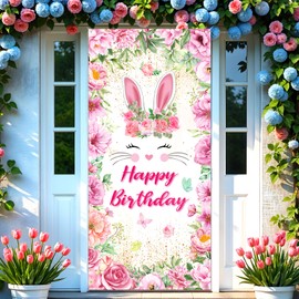 Bunny Birthday Banner Decorations for Girls,Easter Door Cover Banner Pink Floral Rabbit Spring Front Door Backdrop for Kid Bunny Easter Happy Birthday Party Supplies Decor Background Outdoor Indoor