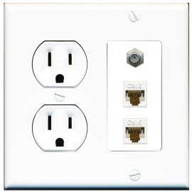 Wallplate City [ 2 GANG ] 15 Amp Round Power Outlet Coax 2 CAT6 Combination Wall Plate White