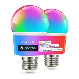 OREiN Matter Focos Inteligentes Compatible con Alexa, Apple Home, Google Home, SmartThings, Focos Inteligentes Multicolor A19 E26, Bombillas Inteligentes 60W Equi 800 LM CRI90 2 Unidades