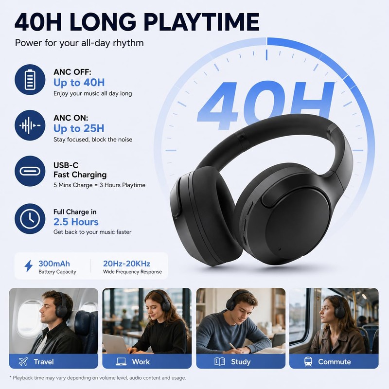 MZYML Active Noise Cancelling Headphones, Wireless Over Ear Bluetooth 5.4