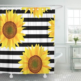 Emvency 72"x72" Shower Curtain Waterproof Home Decor Brown Bright Sunflowers On Striped Black and White Pattern Orange Sun Beautiful Picture Print Polyester Fabric Adjustable Hook Set