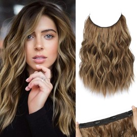 REECHO Invisible Wire Hair Extensions with Thinner Softer Lace Weft Adjustable Size Removable Secure Clips in Wavy Secret Hairpiece for Women 12 Inch (Pack of 1) - Light Brown with Blonde Highlights