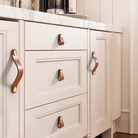 Pack of 4 Leather Furniture Handles Genuine Leather and Copper Knob Cabinet Handle Knobs Leather Handle for Kitchen Cabinets Cabinets (Light Brown, Single Hole)