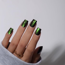 KQueenest Cat Eye Press On Nails Short, 30 Pcs Glitter Black Neon Green Press On Nails Coffin, Dark Sparkly Fake Nails With Glue, Bling Glue on Nails Press ons, Reusable Gothic Stick on Nail for Women