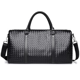 Leather Travel Duffle Bag for Men, Woven Carry On Weekender Overnight Bags for Business Sports Gym (Black)