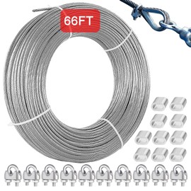 2mm 20m Stainless Steel Wire Rope, PVC Coated 304 Steel Cable with 10 Wire Rope Clamps, Durable Steel Cable for Curtain Rods, Clothesline, Plant Support, String Lights, and Hanging Lights (Eachans-20)