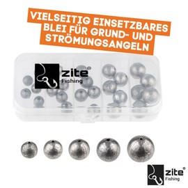 Zite Fishing Hole Lead Assortment 30 Pieces | 5-20g Ball Leads with Line Channel | Base Lead for Leader Assembly | In Sorting Box for Order | For Ground & Flow Fishing