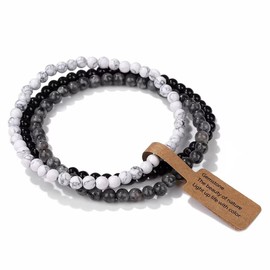 3PCS Healing Crystal Bracelets for Women Men 4mm Natural Stone Beaded Stretch Bracelet Amethyst Jewelry Gifts Semi-Precious Gemstone Beaded Bracelets Round Gemstones Elastic Stretch Bracelet - Black
