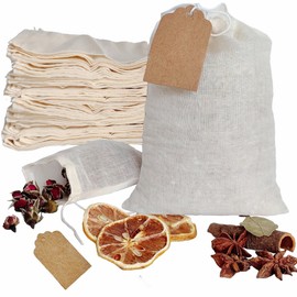 50Pcs 4 x 6 Inch Muslin Cotton Drawstring bags and Gift Tags Reusable Reusable Tea Bags, Produce Bags, Cooking Soup, Jewelry Pouch for Party Wedding Home Storage