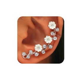 Yheakne Vintage Crystal Flower Ear Cuff Earrings Gold Rhinestone Ear Crawler Earrings Crystal Cz Ear Climber Earrings White Flower Cuff Wrap Earrings Jewelry for Women（Left）