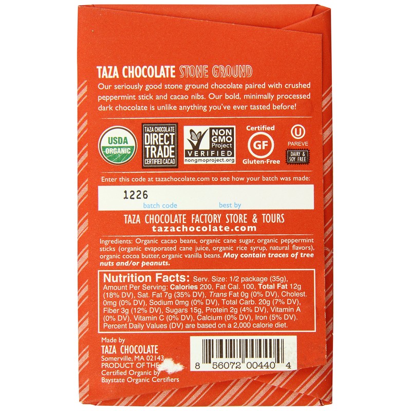 Taza Chocolate Organic Amaze Bar 60% Stone Ground, Peppermint Stick,
