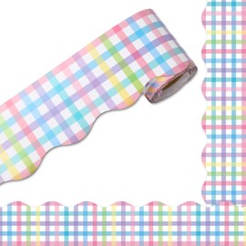 JarThenaAMCS 32.8Ft Colorful Plaid Bulletin Board Border Blue Pink Green Yellow Purple Plaid Die Cut Trim Border Roll for Easter Spring Chalkboard Decor