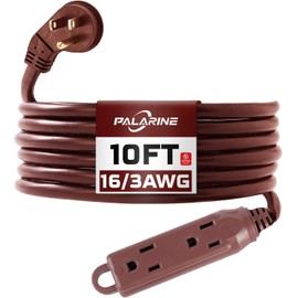 PALARINE Indoor Extension Cord 3 Outlets Flat Plug Power Strip, UL Listed, 16 Gauge 10 ft Brown 3 Prong Heavy Duty, 16/3 SJTW 13A Outlet Extender