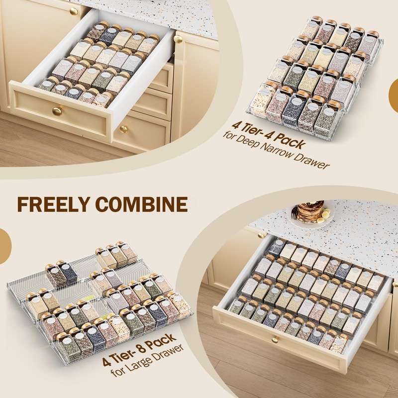 PanPanPal Spice Drawer Organizer, 8 Pack Clear Seasoning Organizer Rack,