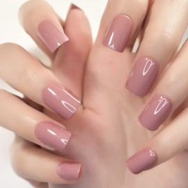ELEVENAIL Medium Squoval Glossy Press on Nails Pure Milk Tea Red Pink False Nails Salon Manicure Reusable Short Christmas Fake Nails Tips Faux Ongles Fingernails for Daily Office Home