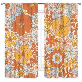 Cortinas retro de los años 70, cortinas florales para ventana, diseño de flores naranjas, estéticas, bohemias, trippy, opacas, para recámara, sala de estar, cocina, 2 paneles, 42 x 63 pulgadas