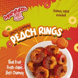 Marranadas Enchilados - Spicy Gummy Trays with Pineapple, Mango, Bears, and More! Irresistible Chamoy Drizzle - Reusable Trays 7.25oz (Spicy Gummy Peach Rings)