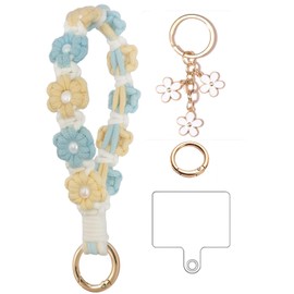 2Pcs Boho Macrame Keychain Wristlet Handmade crochet keychains for Keys Cute Daisy Flower Key Chain for Women Girls Fresh DIY Woven Finished Keyring Phone Holder Wristlet