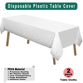 PARTY ULYJA Silver Polka Dots Confetti Plastic Tablecloths 2 Pack White Disposable Table Covers Bridal Shower 54 x 108 Inch Table Cloths for Picnic Birthday Wedding Parties 8 ft Rectangle Table