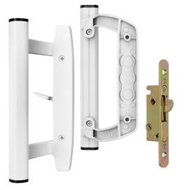 T-HAKEN Sliding Glass Door Handle Replacement Kit, 3‑15/16" Screw Spacing, All- Aluminum, Mortise Style, Reversible, Non-Keyed, Fits 1‑3/8"–1‑3/4" Doors. (White Handle + Mortise Lock)