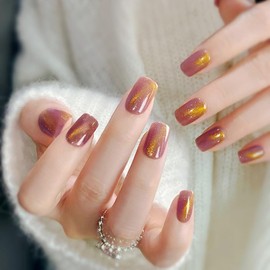 XZMeiLun Cat Eye Purple Pink Press On Nails Short Square, Designer Reusable Acrylic Fake Nails with Glue, Glossy Soft Gel Nails Wedding and Party, Stick On Glue On Nails, Nails Press Ons fro Women