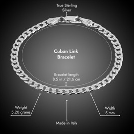 QUADRI - Elegant men's bracelet made of diamond-studded curb chain (Cuban) - bracelets for men and women made of 925 real silver - width 5 mm - length 18-19 - 20.3-21.6 cm - made in Italy, Silver