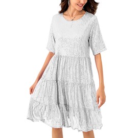 JKLESA Sequin Babydoll Summer Dress，Sparkly Glitter Dress Short Flowy Tiered Tunic for Women Party Club Night (US, Alpha, Medium, Regular, Regular, Silver)