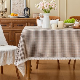 Fantastshop Checkered Tablecloth Rectangle - Cotton Linen Fabric Plaid Buffalo Table Cloth with Lace Trim - Wrinkle Free Washable Gingham Table Cover for Dinning Camping, Coffee Plaid, 60 x 120 Inch.