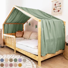 lilimaus House Bed Canopy, Made of 100% Cotton Muslin, Handmade, Fabric Bed Decoration, Girls and Boys, Children, Bed Curtain for Children's Bed, Green
