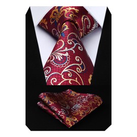HISDERN Floral Paisley Wedding Tie Handkerchief Men's Necktie & Pocket Square Set, One Size, Burgundy / Yellow
