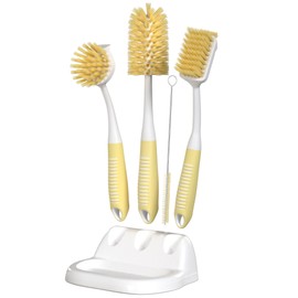 Dish Brush Set of 5 with Convenient Holder, Bottle Water Brush, Dish Scrub Brush, Scrubber Brush and Straw Brush - Kitchen Scrub Brushes Non Slip Long Handle for Sink Dishes Cup Pot