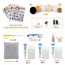 Needle Felt Starter Kit, 6 Pieces Dog Wool Needle Felting Kit, Needles Felting Supplies with Instruction,Felting Foam Mat, Wool Felting Kit for DIY Craft Animal Home Decoration