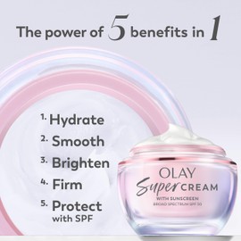 Olay Super Cream with Sunscreen SPF 30, Trial Size, Lightweight Face Moisturizer with Sun Protection, 5-in-1 Skin Care Benefits - Hydrating, Brightening, Firming - Niacinamide, Vitamin C, 15 mL