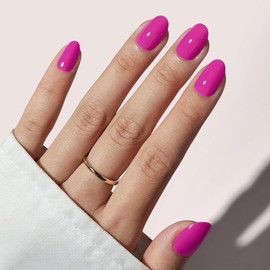 24pcs Hot Pink Press On Nails - Glossy Neon Pink Oval False Nails - Pure Color Acrylic Short Fake Nails with Glue - Full Cover Glossy Sitck on nails for Women Nail Art Decoration