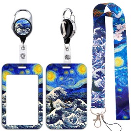 BKBKAAK Blue Badge Holder with Lanyard, Retractable Reel and Heavy Duty, Art Van Gogh Card Holder with Keychain for Teacher Student Nurse
