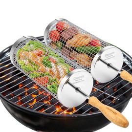 Rolling Grill Baskets(2 PCS),Removable Wooden Handle,304 Stainless Steel, BBQ Accessories Tools for Vegetable Shrimp Meat,Outdoor Cooking Rotating Grill Rack,Grilling Net Tubes,Gifts for Men Dad Husband Father Grandpa