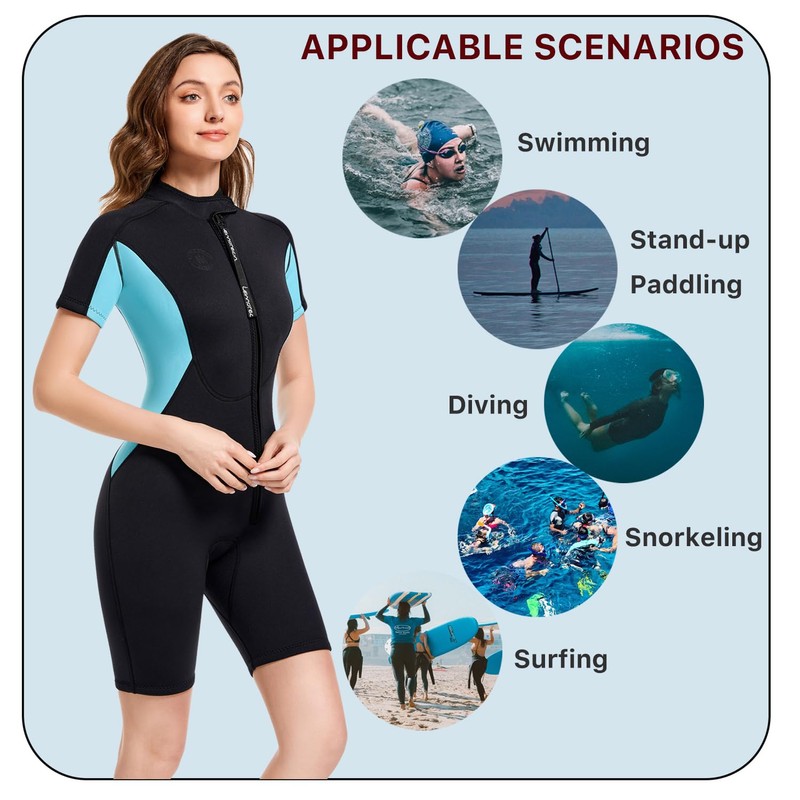 Lemorecn Wetsuits Womens Front Zip Neoprene 3mm Shorty Diving Suit(CA3046-3XL)