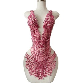 Handmade Rhinestones Bodice Applique sew on Beads Trim Patches Trim Accessories for Wedding Dress Shiny Decorative lace Patch (Pink)