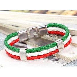 Flongo Men's Biker Red White Green Italy Italian Banner Flag Braided Football Leather Cuff Bracelet Bangle, 8.3 inches