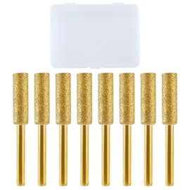 LEONTOOL 8 Pcs High Hardness Diamond Chainsaw Sharpener Bit 7/32" 5.5mm Titanium Plated Burr Stone File Polishing Tool with 1/8" Shank Burr Grinding Stone File for Chain Saw Wood Jewelry Stone, Golden