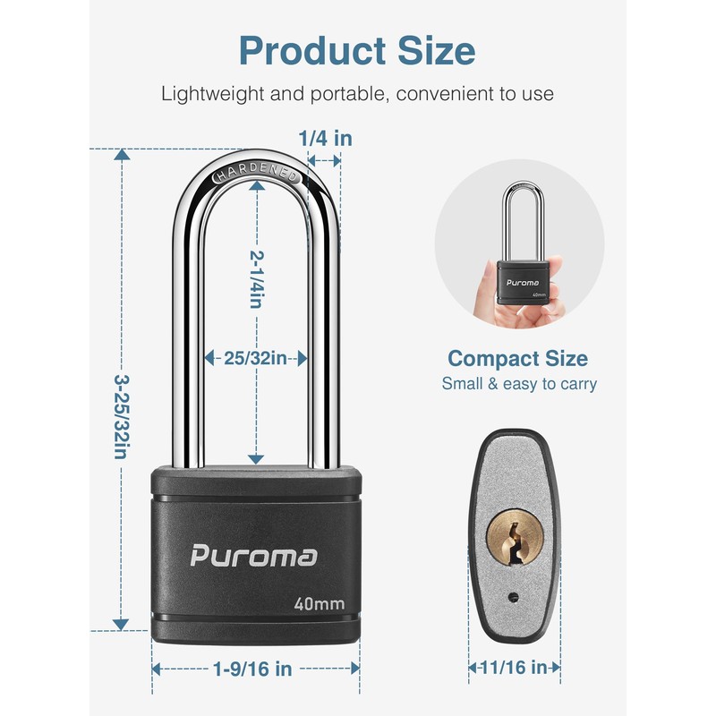 Puroma 2 Pack Keyed Padlock with 3 Keys, 2.5 Inch