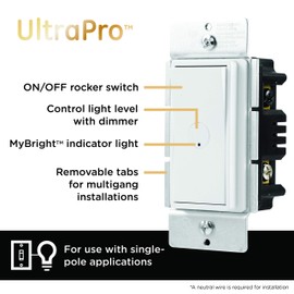 UltraPro, Dimmable LED, CFL & Incandescent Bulbs, Single Pole, On/Off Rocker Switch, Button, White, 49445 MyBright in-Wall Dimmer