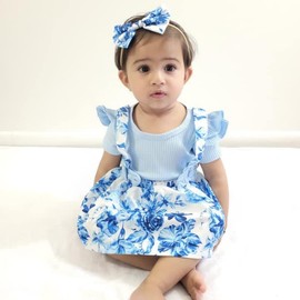 Unutiylo Baby Girl Clothes 3-6 Months Suspender Outfit Floral Romper Short Sleeve Dress Ruffle Jumpsuit with Spring Summer Headband Hat