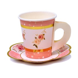 Gift Boutique Gift Boutique 36 Paper Tea Cups 5 oz. Disposable 36 Saucers 5" Floral Shaped Plate Teacup Set with Handle for Kids Adults Birthday Party